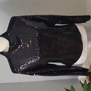 Marled Black Sequin Front Soft Back Stretchy Pullover Sweater Size XS